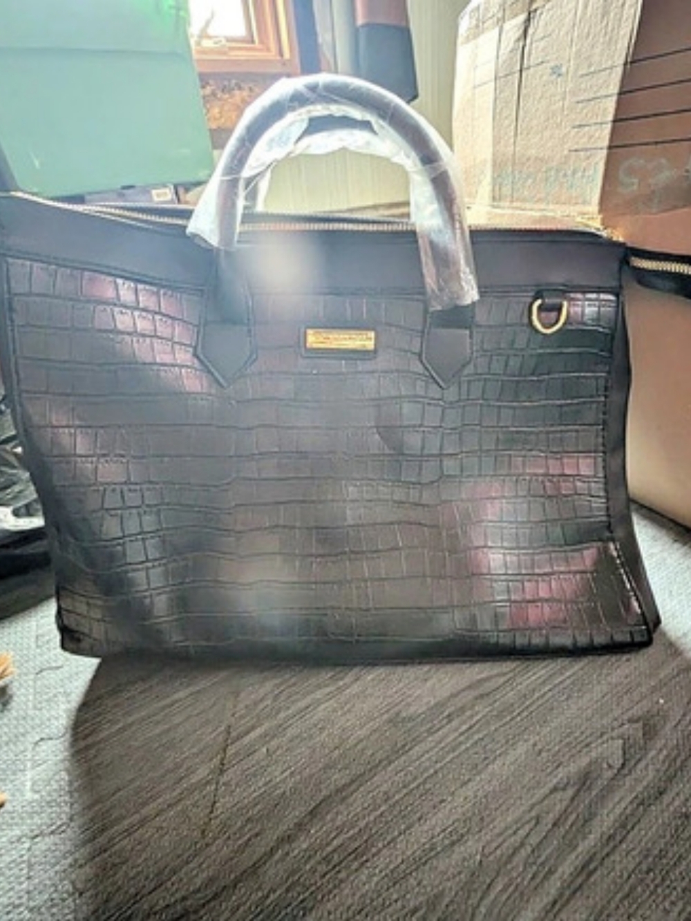 London Fog Collection Crocodile-Embossed Tote in Black NWT